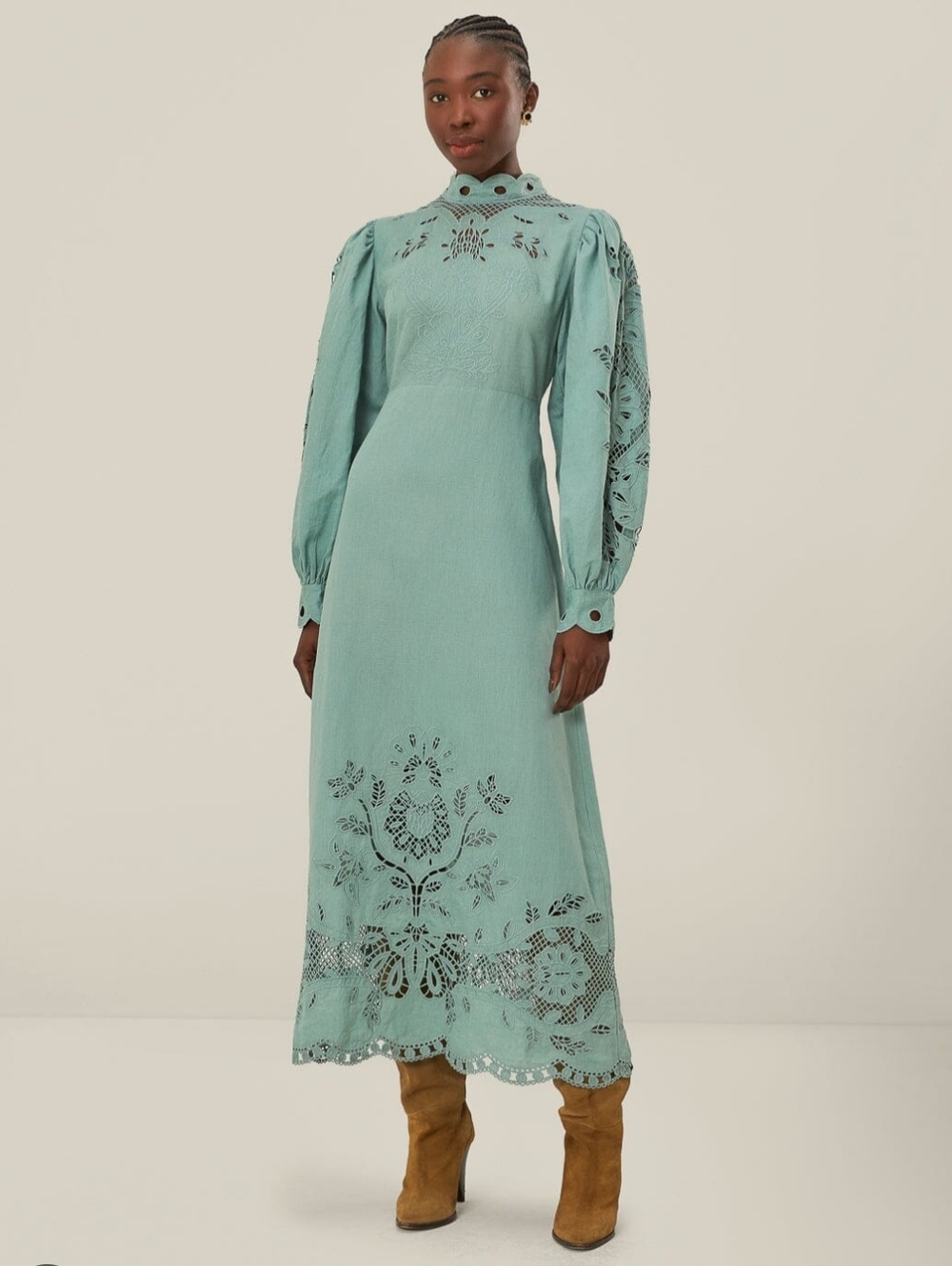 Farm Rio Women Embroidered Open-Back Linen Midi Dress Basic Sleeved Blue M